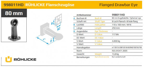 998011HD Flanschzugöse 80 mm Kugelkalotte 8-Loch Land- und Forstwirtschaft